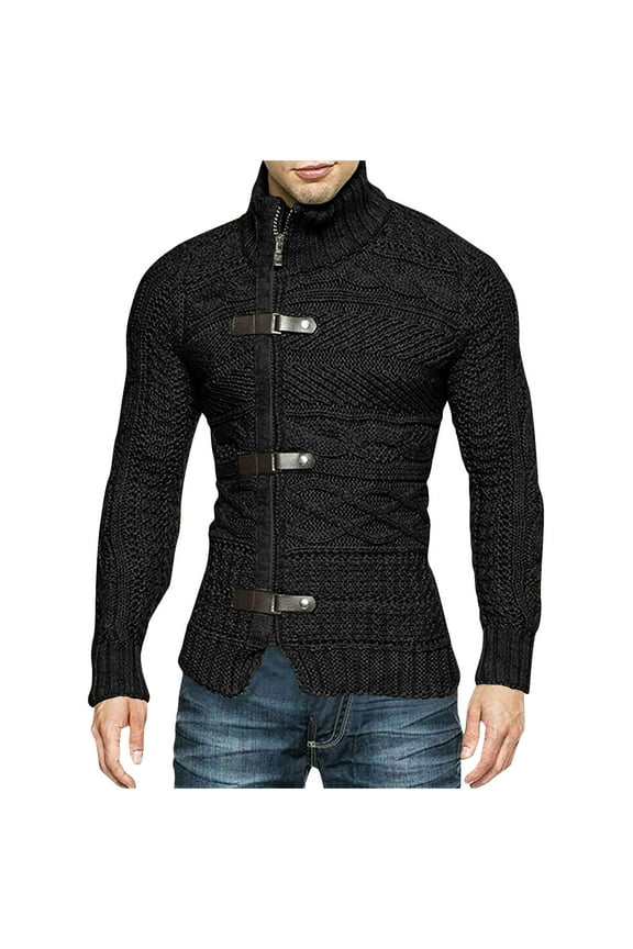 Fashion Zip-Up Sweater Jacket Turtleneck Sweater Men's Temperament Solid Color High Neck Sweater Long Sleeved Knitted Cardigan Jacket Sweater Black