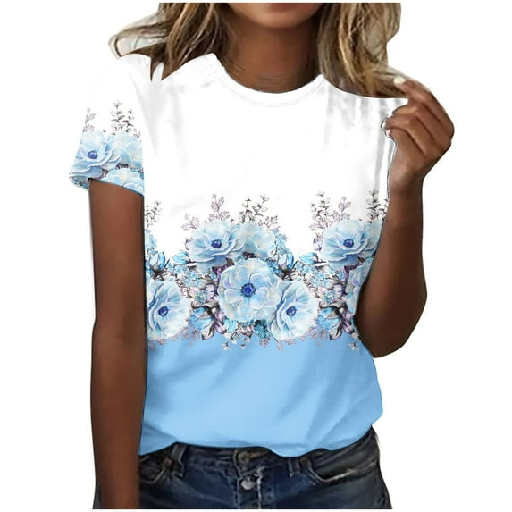 WREESH Floral Print Crew Neck T-Shirt Women's Fashion Short Sleeve Summer Top with 3D Print Light Blue