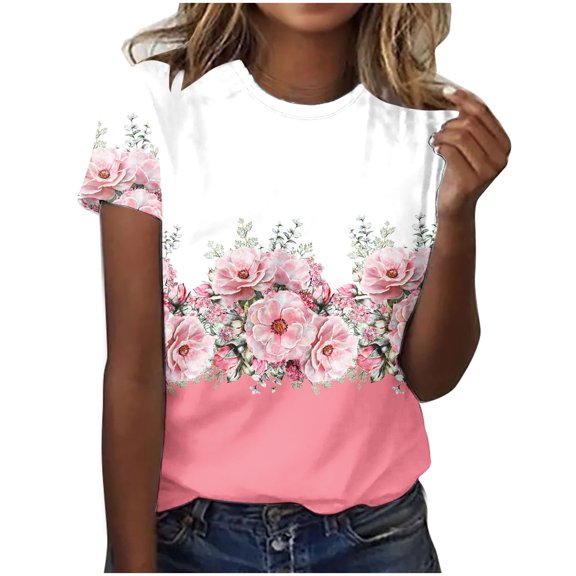 WREESH Floral Print Crew Neck T-Shirt Women's Fashion Short Sleeve Summer Top with 3D Print Pink
