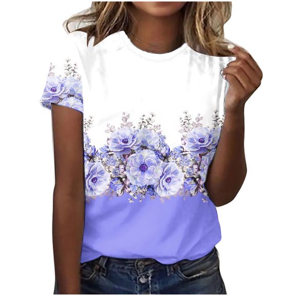 WREESH Floral Print Crew Neck T-Shirt Women's Fashion Short Sleeve Summer Top with 3D Print Purple
