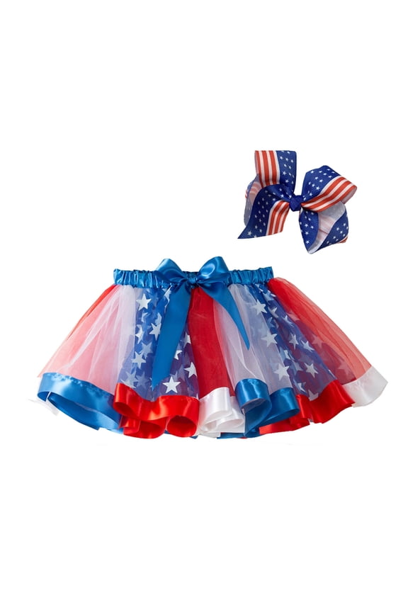 WREESH Girls' 4Th of July Themed Tutu Skirt with American Flag Star & Hair Bow Perfect for Toddler's Independence Day Outfits Red