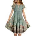 thumbnail image 1 of WREESH Girls' Floral Print Ruffle Sleeve Midi Dress, Loose Fit Pleated Swing Dress, for Ages 15 and Under Olive Green, 1 of 4