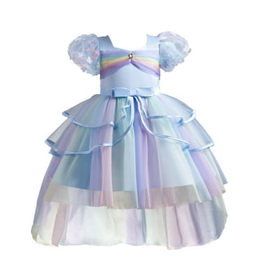 WREESH Girls Formal Dress Children Netting Princess Dress Short Sleeve Bowknot Gown Dress Blue