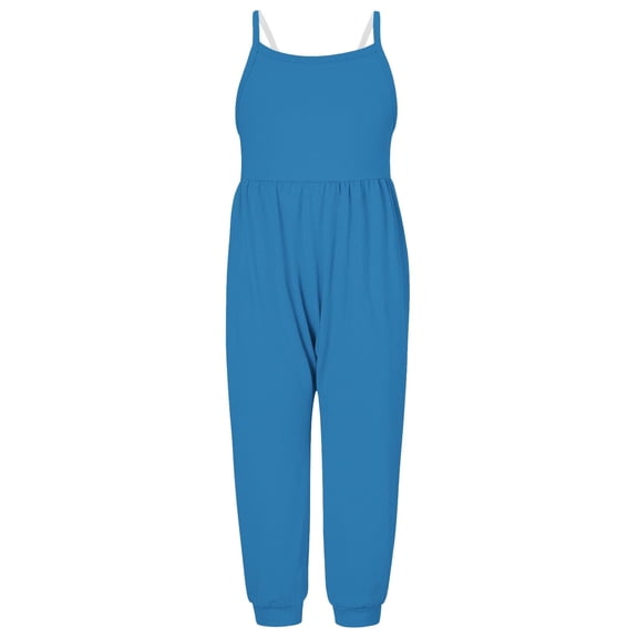 WREESH Girls' Sleeveless Suspender Backless Printed Jumpsuit, Summer Outfits for Ages 1-6 Years Blue