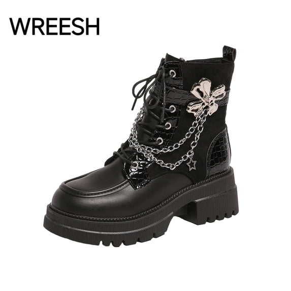 WREESH Goth Chain Ankle Boots for Women Lace Up Punk High Heel Boots Zipper Motorcycle Booties for Festival Concert Party