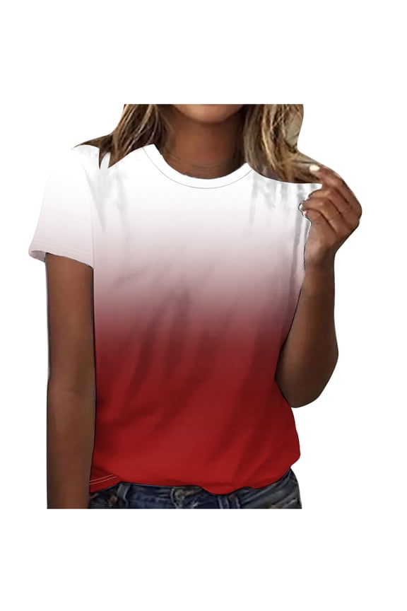 Gradient Print Crew Neck T-Shirts Women's Summer Short Sleeve Fashion Tops Wine