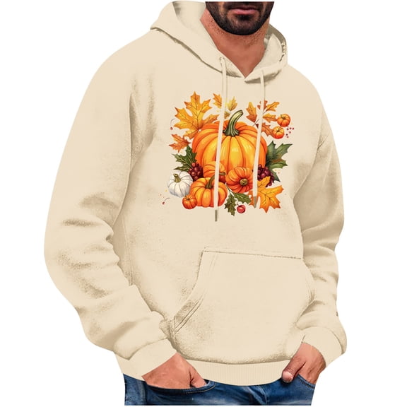 WREESH Graphic Hoodies for Men Thanksgiving Turkey Print Long Sleeve Casual Streetwear Pullover Sweatshirt with Pocket Beige