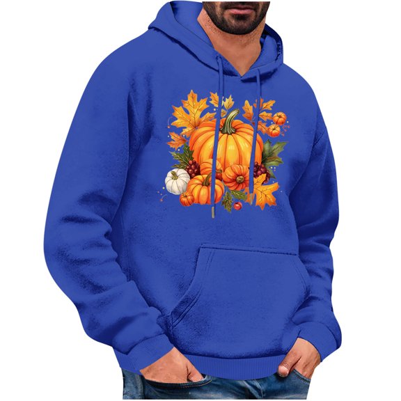 WREESH Graphic Hoodies for Men Thanksgiving Turkey Print Long Sleeve Casual Streetwear Pullover Sweatshirt with Pocket Blue