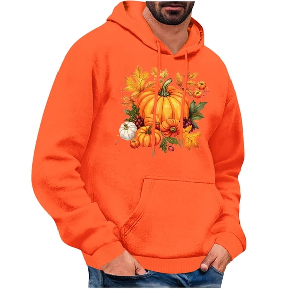 WREESH Graphic Hoodies for Men Thanksgiving Turkey Print Long Sleeve Casual Streetwear Pullover Sweatshirt with Pocket Orange