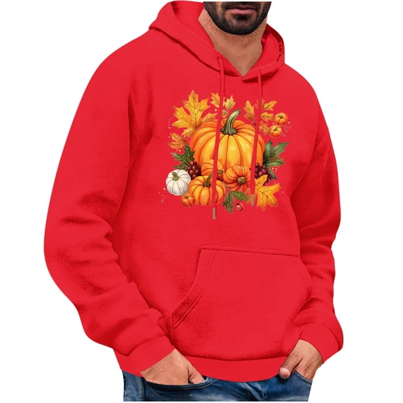 WREESH Graphic Hoodies for Men Thanksgiving Turkey Print Long Sleeve Casual Streetwear Pullover Sweatshirt with Pocket Red