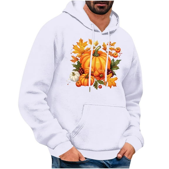 WREESH Graphic Hoodies for Men Thanksgiving Turkey Print Long Sleeve Casual Streetwear Pullover Sweatshirt with Pocket White