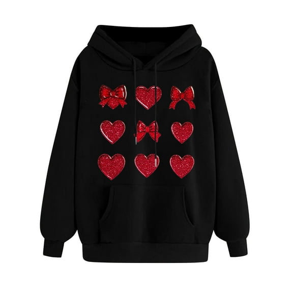 WREESH Graphic Hoodies for Women Valentine's Day Drawstring Sweatshirts with Heart Print Long Sleeve Pullover for Spring and Fall Outfits Black