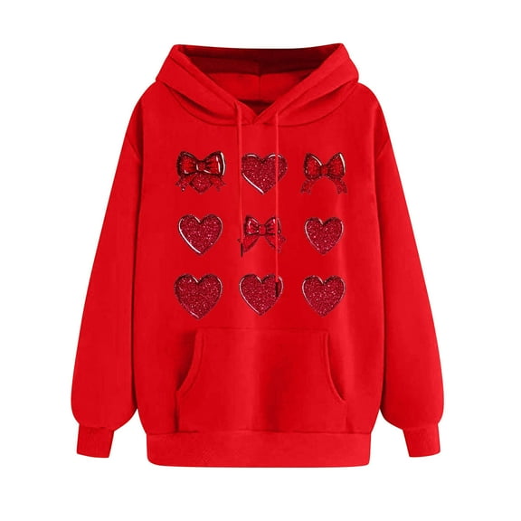 WREESH Graphic Hoodies for Women Valentine's Day Drawstring Sweatshirts with Heart Print Long Sleeve Pullover for Spring and Fall Outfits Red