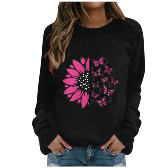 WREESH Graphic Long Sleeve Sweatshirt Women's Pink Ribbon Breast Cancer Awareness Top Black