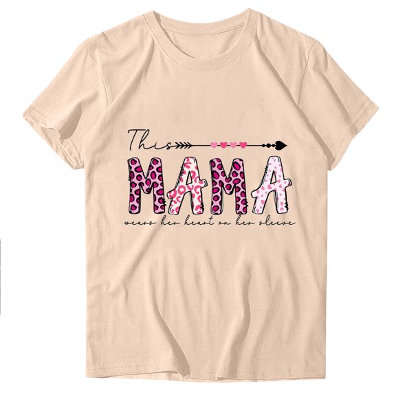 WREESH Graphic Mama Shirts for Women Summer Short Sleeve Crew Neck Tops Beige