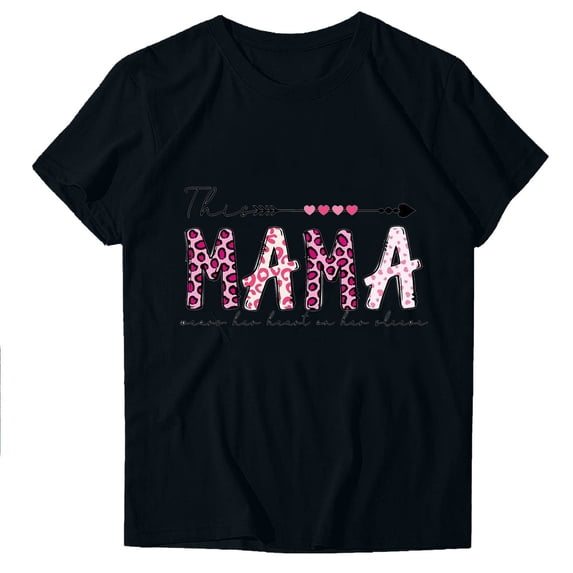 WREESH Graphic Mama Shirts for Women Summer Short Sleeve Crew Neck Tops Black