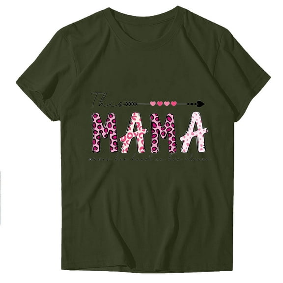WREESH Graphic Mama Shirts for Women Summer Short Sleeve Crew Neck Tops Olive Green