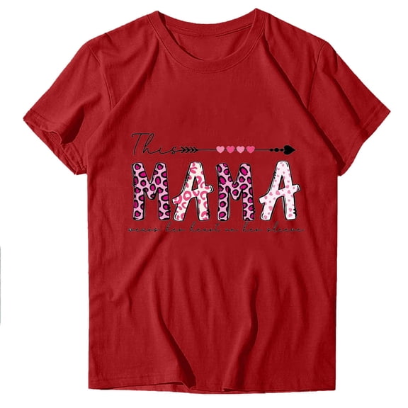 WREESH Graphic Mama Shirts for Women Summer Short Sleeve Crew Neck Tops Red