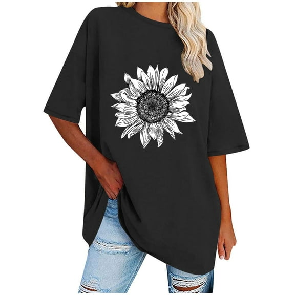 WREESH Graphic Printed Women's T-Shirts Oversized Loose Short Sleeve Blouses Black