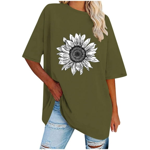 WREESH Graphic Printed Women's T-Shirts Oversized Loose Short Sleeve Blouses Olive Green