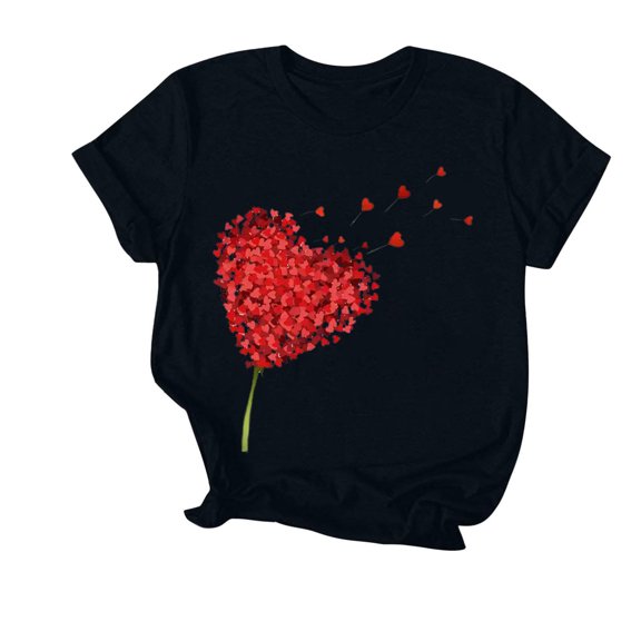 WREESH Graphic Shirts for Women Valentine's Day Heart Printed Short Sleeve Tees Tops for 2025 Spring Summer T-Shirts Black