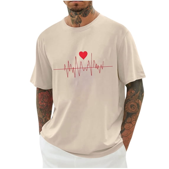 WREESH Graphic T-Shirts Valentine's Heart Printed Shirts for Men's Spring Summer Short Sleeve T-Shirts Beige