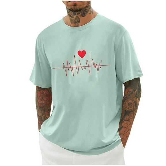 WREESH Graphic T-Shirts Valentine's Heart Printed Shirts for Men's Spring Summer Short Sleeve T-Shirts Green