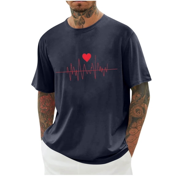 WREESH Graphic T-Shirts Valentine's Heart Printed Shirts for Men's Spring Summer Short Sleeve T-Shirts Navy
