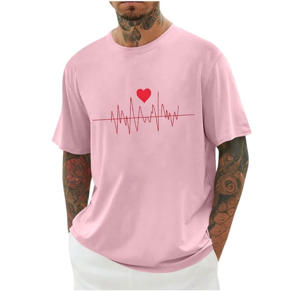 WREESH Graphic T-Shirts Valentine's Heart Printed Shirts for Men's Spring Summer Short Sleeve T-Shirts Pink