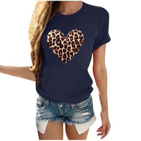 WREESH Graphic T-Shirts for Women Valentine's Day Heart Leopard Printed Tees for 2025 Summer Casual Navy