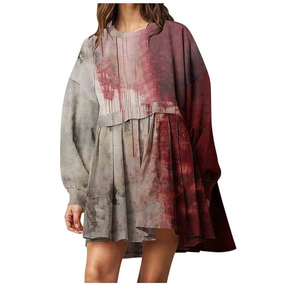 WREESH Halloween Dress Women's Fashion Printed Long Sleeve Round-Neck Mid-Calf Dress Wine