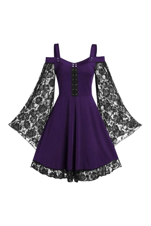 Halloween Dress Women's Gothic Vintage Dress Plus Size Mesh Lace Long Sleeves Dresses Purple