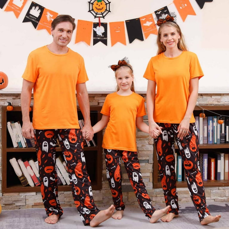 WREESH Halloween Family Pajamas for Kids Halloween Family Sets Solid Color Short Sleeve T Shirts with Pumpkin Ghost Printed Wide Leg Pants Two Piece Loungewear Orange Walmart