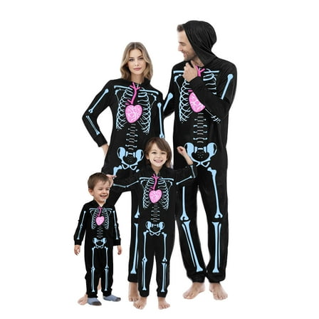 WREESH Halloween Family Pajamas Set Matching Skeleton Print Hooded Zipper Jumpsuits Sleepwear Sets for Women Black