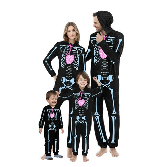 WREESH Halloween Family Pajamas Set Matching Skeleton Print Hooded Zipper Jumpsuits Sleepwear Sets for Women Black