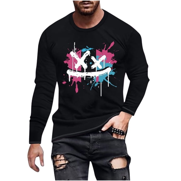 WREESH Halloween Long Sleeve Tops Fashionable Men's Printed Top with Long Sleeved Round Neck and Smiling Face Printed Top/Shirt Black