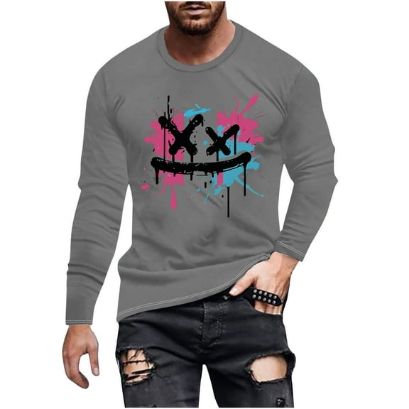 WREESH Halloween Long Sleeve Tops Fashionable Men's Printed Top with Long Sleeved Round Neck and Smiling Face Printed Top/Shirt Gray