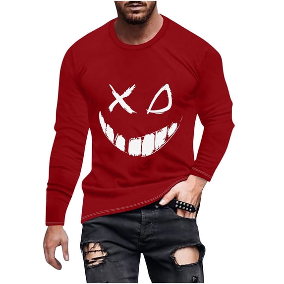 WREESH Halloween Long Sleeve Tops Fashionable Men's Printed Top with Long Sleeved Round Neck and Smiling Face Printed Top/Shirt Red