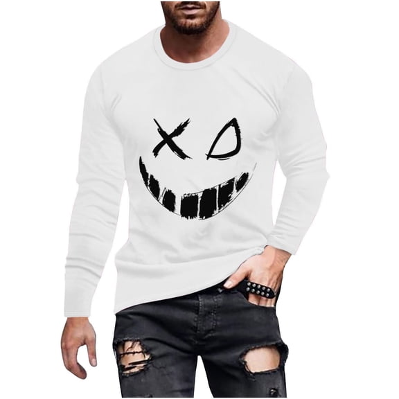 WREESH Halloween Long Sleeve Tops Fashionable Men's Printed Top with Long Sleeved Round Neck and Smiling Face Printed Top/Shirt White