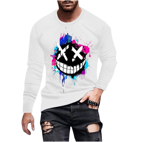WREESH Halloween Long Sleeve Tops Fashionable Men's Printed Top with Long Sleeved Round Neck and Smiling Face Printed Top/Shirt White