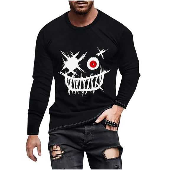 WREESH Halloween Long Sleeve Tops Fashionable Men's Printed Top with Long Sleeved Round Neck and Smiling Face Printed Top/Shirtx Black