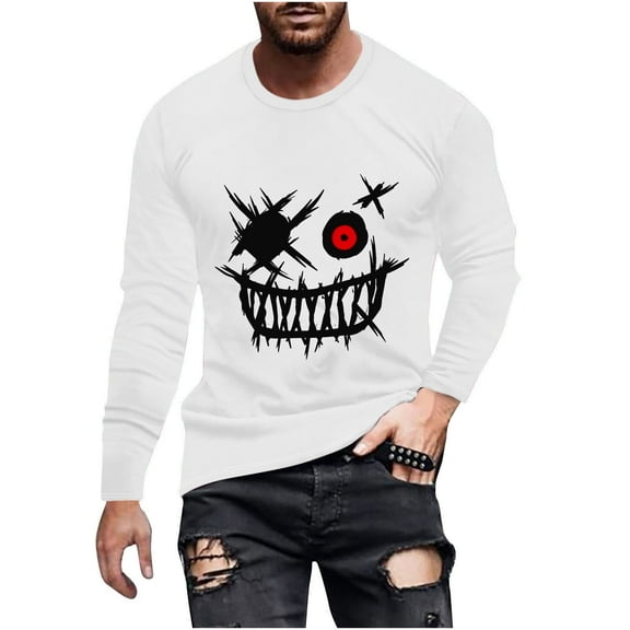WREESH Halloween Long Sleeve Tops Fashionable Men's Printed Top with Long Sleeved Round Neck and Smiling Face Printed Top/Shirtx White