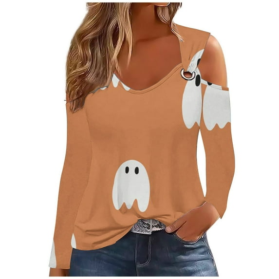 WREESH Halloween Long Sleeve Tops Women's Fashion Halloween Prints T-Shirt Long Sleeves Blouse Casual Tops Orange