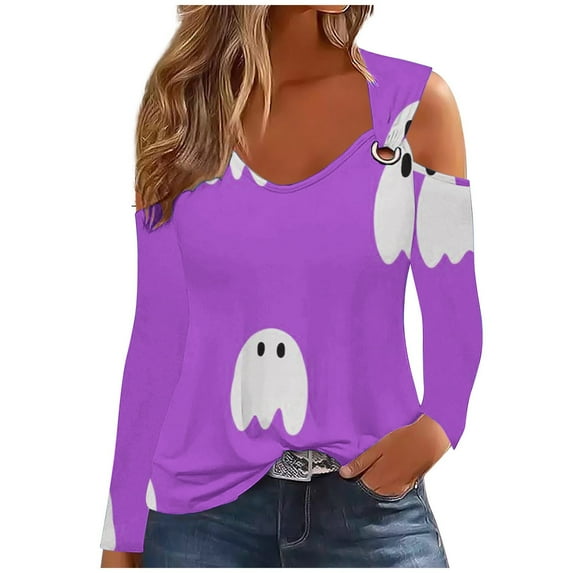 WREESH Halloween Long Sleeve Tops Women's Fashion Halloween Prints T-Shirt Long Sleeves Blouse Casual Tops Purple
