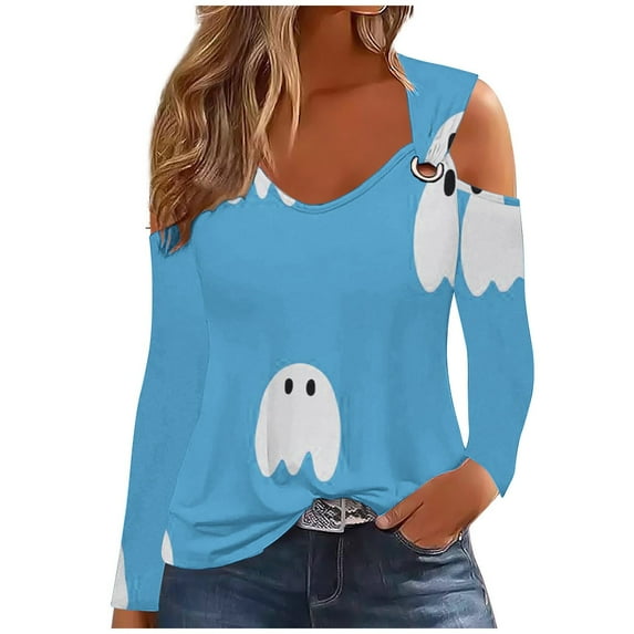 WREESH Halloween Long Sleeve Tops Women's Fashion Halloween Prints T-Shirt Long Sleeves Blouse Casual Tops Sky Blue