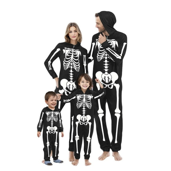 WREESH Halloween Matching Family Skeleton Pajamas with Hooded Zipper Jumpsuits Unisex Sleepwear for Women Black
