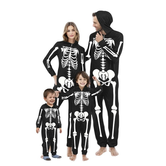 WREESH Halloween Matching Family Skeleton Pajamas with Hooded Zipper Jumpsuits Unisex Sleepwear for Women Black