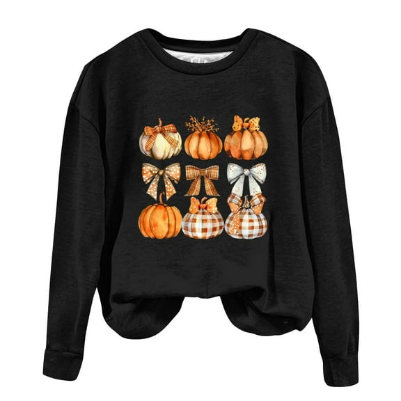 WREESH Halloween Sweatshirts Fashion Women Casual Long Sleeve Printing Round Neck Loose T-Shirt Blouse Tops Black