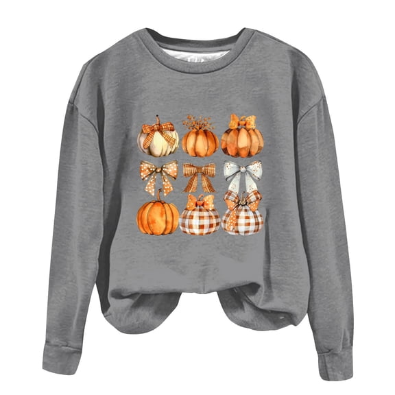 WREESH Halloween Sweatshirts Fashion Women Casual Long Sleeve Printing Round Neck Loose T-Shirt Blouse Tops Gray