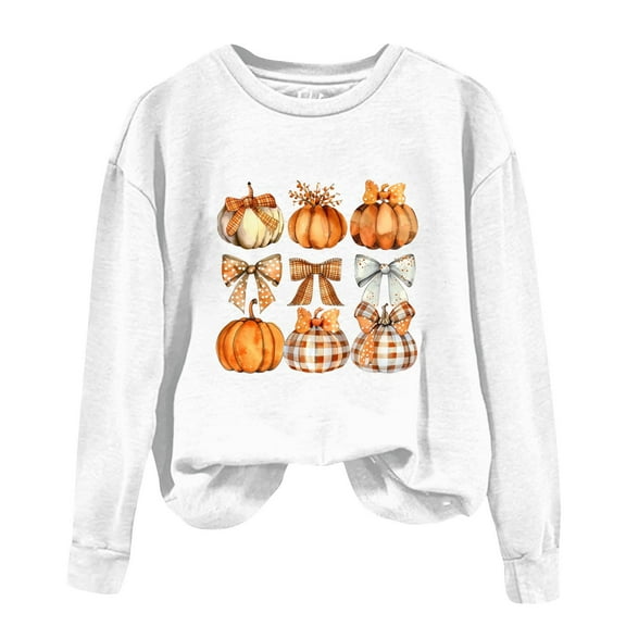 WREESH Halloween Sweatshirts Fashion Women Casual Long Sleeve Printing Round Neck Loose T-Shirt Blouse Tops White
